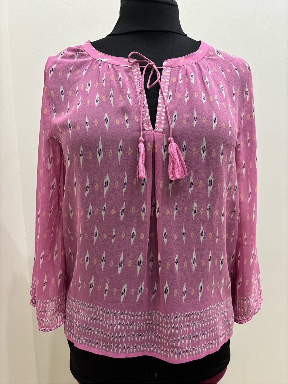 Pink 100% Silk Tassel Peasant Blouse